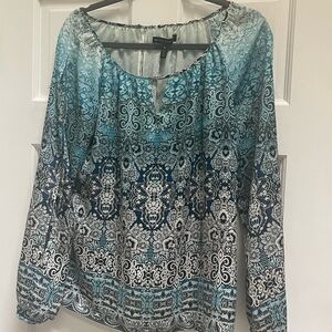 White House Black Market Blue Graphic Relaxed Blouse